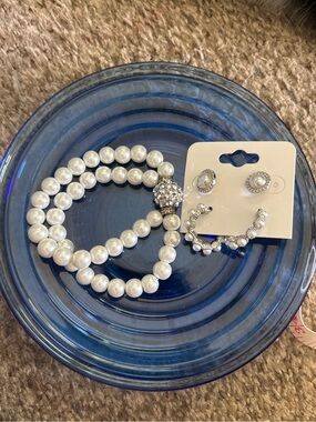 Faux Pearl Jewelry Bundle Double Strand Bracelet & 2 Pair Pearl Earrings